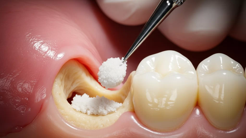 Procedimiento de injerto óseo dental, donde se aplican gránulos blancos en el hueso maxilar para reconstrucción.