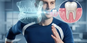 TAC 3D dental en una gran pantalla a un paciente deportista.