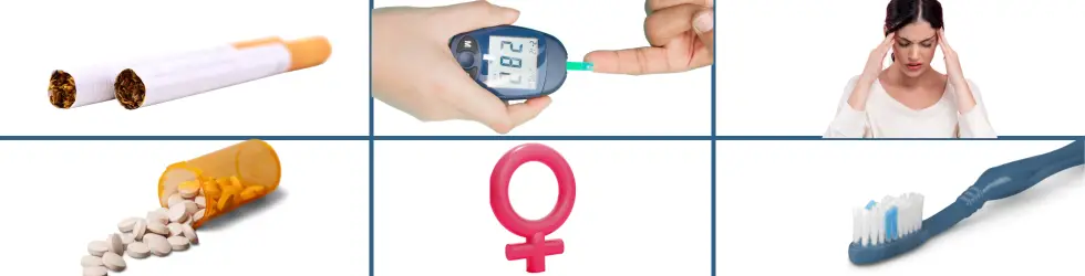 Infografía con los 7 factores de riesgo de la gingivitis: tabaquismo, diabetes, estrés, medicamentos, cambios hormonales, boca seca e higiene deficiente